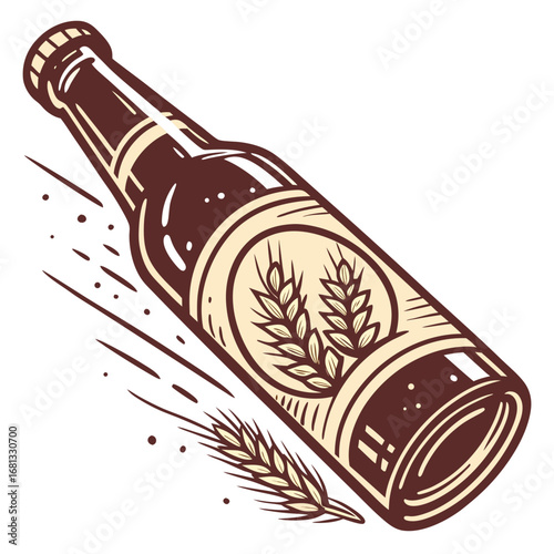 Stylized illustration of a brown beer bottle with a label featuring wheat stalks and a white background
