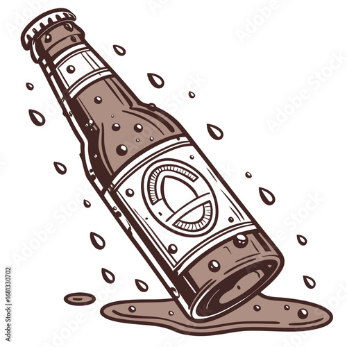 Stylized illustration of a brown beer bottle with condensation and spilled liquid on a white background