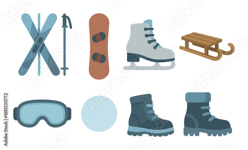 Winter sports equipment: skis, snowboards, skates, sled, goggles, and boots