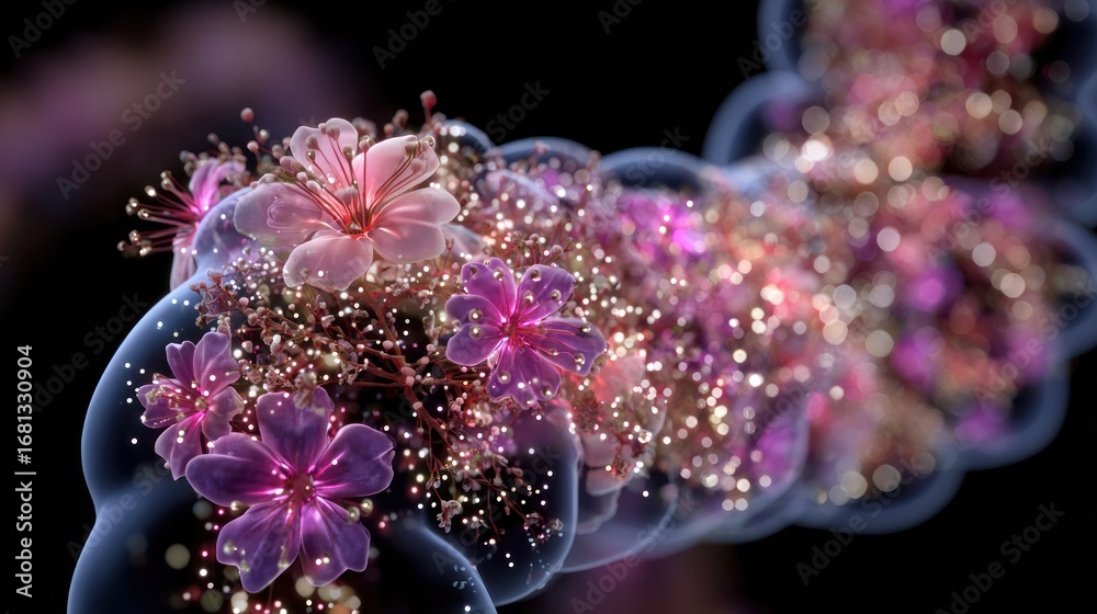 Fototapeta premium X-ray visualization of the digestive tract with geometric particles evolving into glowing flora.