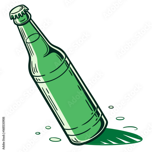 Stylized illustration of a green glass beer bottle tipped over with liquid spilling onto a white background