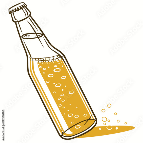 Stylized illustration of a tilted glass bottle filled with bubbly golden liquid and a metal cap