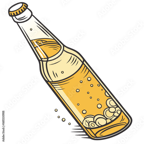 Stylized illustration of a tilted glass bottle filled with bubbly golden beer and a metal cap