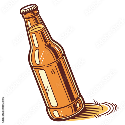 Vintage style illustration of a brown glass beer bottle with a crown cap and a shadow