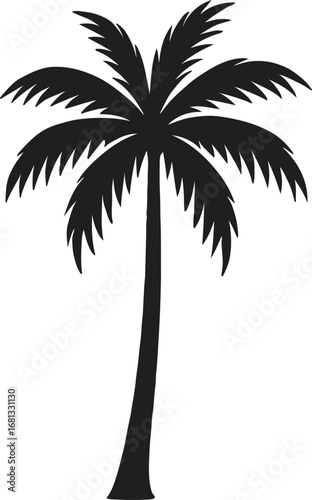 A solitary palm tree silhouette stands tall against a white background symbolizing tropical vacations and relaxation