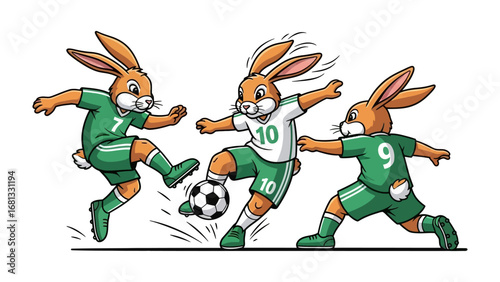 Rabbit Soccer Showdown: A dynamic illustration showcasing a spirited soccer match, starring agile rabbit players in green and white uniforms.