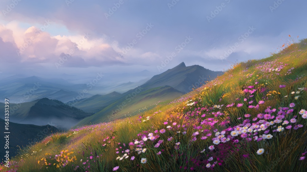 Fototapeta premium Meadow of wildflowers covers a hillside with distant mountains under a cloudy sky