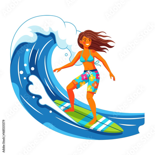 Surfing the Perfect Wave: An illustration captures a woman's energetic ride through a cresting wave, showcasing the exhilaration of ocean sports and embodying the spirit of adventure and lifestyle.