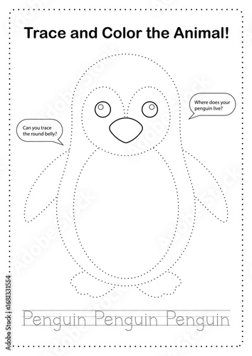 Preschool worksheet tracing penguin coloring page