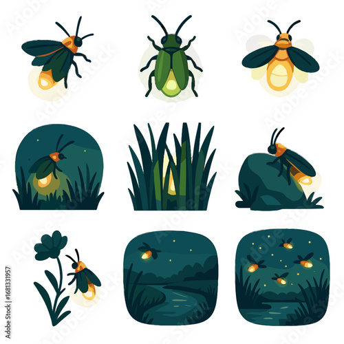 Swarm vector glow green bug reeds orange icon riverbank firefly white