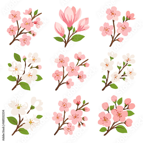 Sprigs apple icon blossom stems vector blossoms twigs grid clusters spring peach