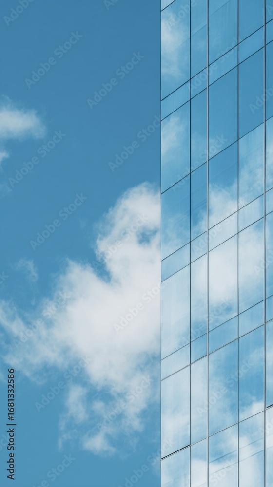 Fototapeta premium Modern glass skyscraper reflecting blue sky and white clouds. Clean architectural minimalism with a sharp vertical composition and soft natural light.
