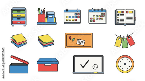 Office Stationery Collection: A neat compilation of essential office stationery in a vibrant, flat design, perfect for illustrating everyday workplace tools.