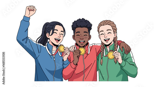 Podium Triumph: A group of athletes, brimming with pride, celebrate their victory with golden medals, embodying the spirit of sport and excellence.