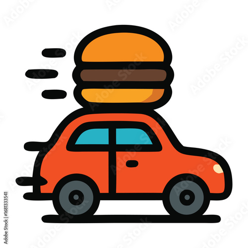 Orange car rushing while delivering a large burger suitable for fast food delivery, restaurant promotion, car delivery service, or traffic concept design projects.