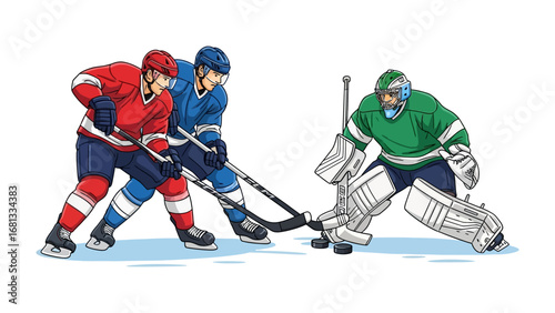 Hockey Game in Action: Capturing the energy and strategy of a thrilling hockey match, with players battling for the puck against a determined goalie.