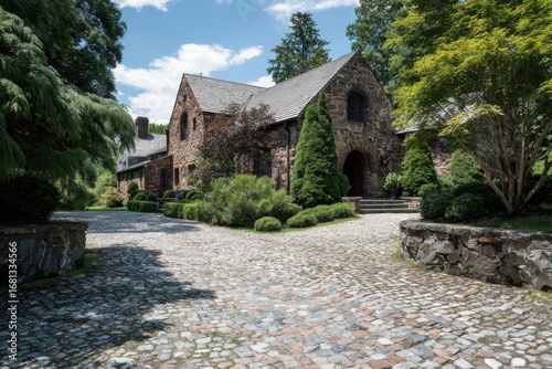 Charming stone house nestled in lush greenery with a cobblestone pathway on a sunny day surrounded by trees and vibrant landscaping