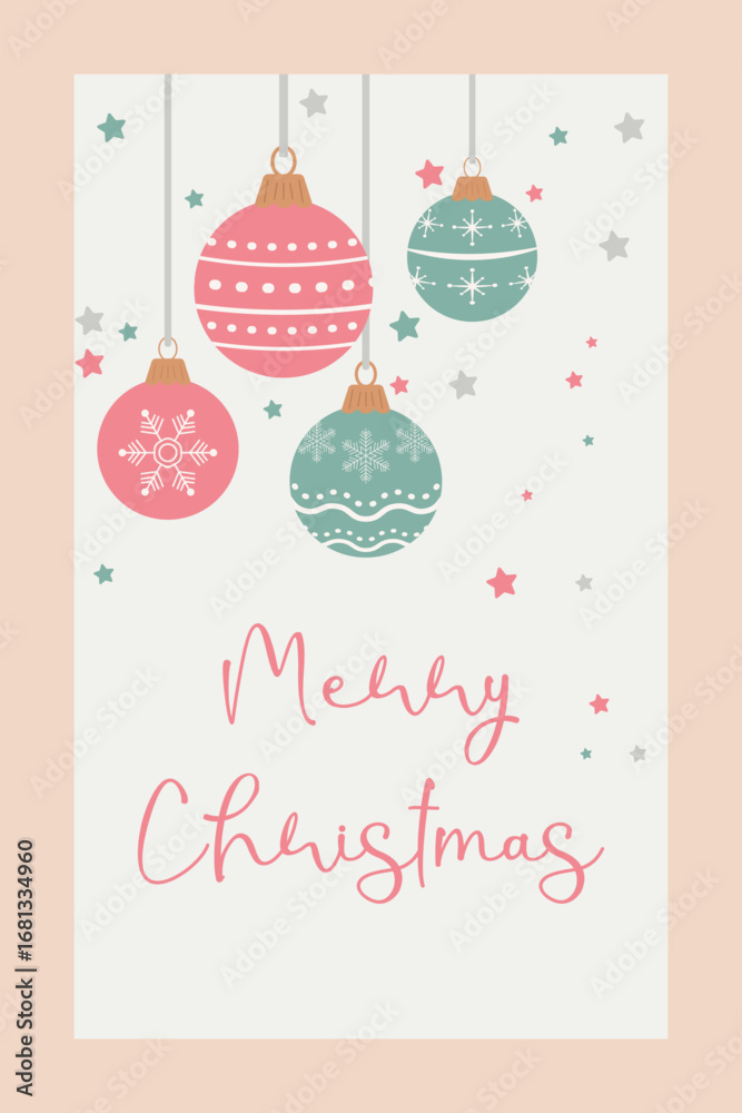 Naklejka premium Pink green ornaments suspended from ribbons Seasonal motifs Falling stars Holiday season Pastel background Merry Christmas text. Vertical greeting card.