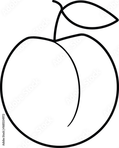 Vector art of simple line drawing of a peach with a stem and leaf, isolated on a, representing healthy food and nature