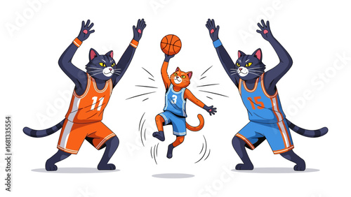 Cat Basketball Game: A dynamic illustration captures a thrilling basketball game featuring anthropomorphic cats, showcasing athleticism and playful competition.