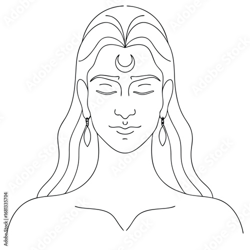 Elegant Woman with Flowing Hair a Crescent Moon and Dangle Earrings in a Black and White Line Art Illustration