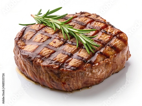 Succulent grilled steak topped with fresh rosemary ready for enjoyment white background