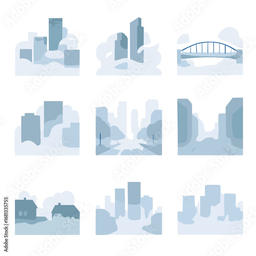 Swirling urban skyscrapers skyline icon outlines curtain modern vector vapor fog