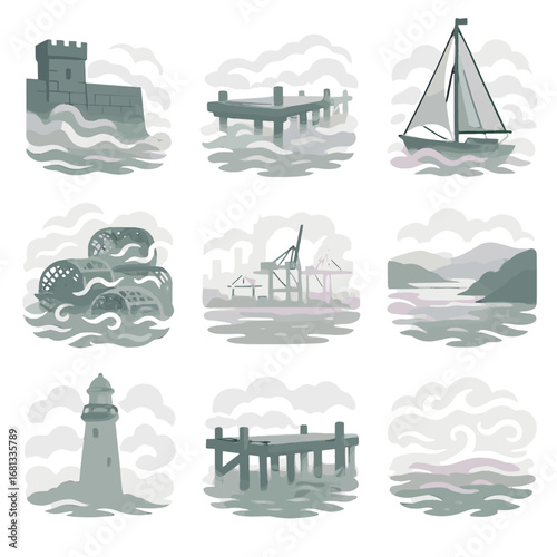 Icon jetty cargo fishing vector tower sea vapor bay coastal fog tidal