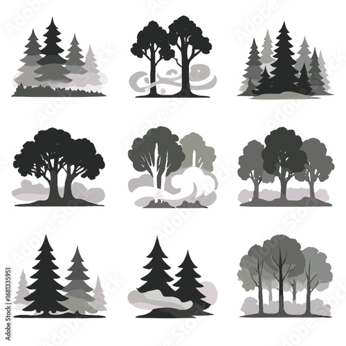 Vector trees icons faint pine forest haze low oak icon over woodland