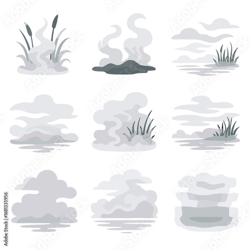 Mist vector swamp silhouettes layered reeds drifting vapor over among haze icon