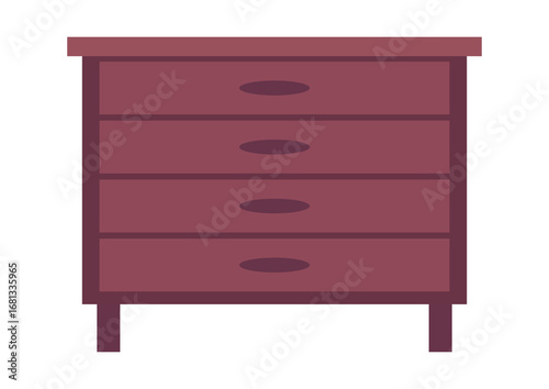 A purple wooden chest of drawers with four drawers. Furniture piece for home decor. Isolated dresser element.