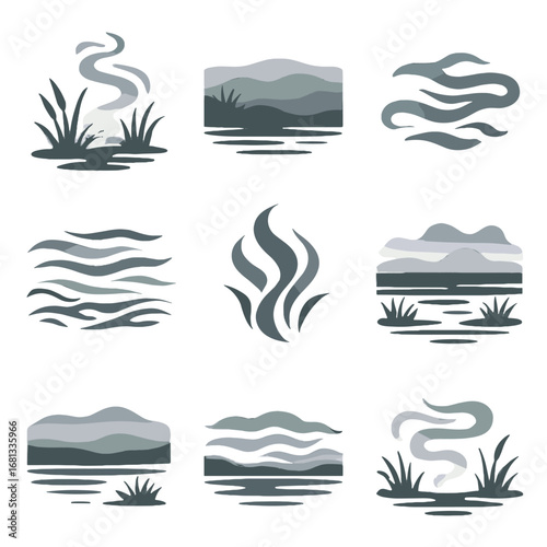 Marsh fog outlines icon swamp ribbons vapor vector waves water vectors