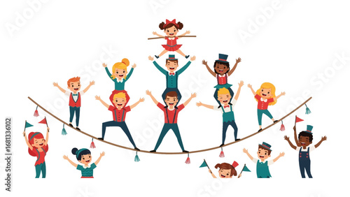 Children's Circus Act: A charming illustration depicting a group of diverse children joyfully performing a thrilling circus act on a tightrope, evoking a sense of fun, skill, and teamwork.