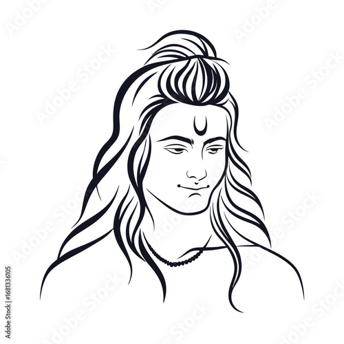 Lord Shiva Illustration Depicting Serenity Meditative Gaze Beads Adorning Neck Spiritual Symbol on Forehead Artistic Render Line Art