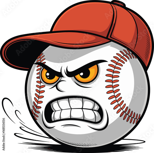 Angry baseball, cartoon sports ball, red cap, fierce expression, athletic mascot, vector illustration, dynamic design, motion lines, bold character, team logo