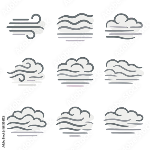 Windy horizon swirls gusty vector icons scene layers fog drift trails icon