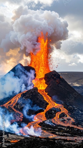 Volcanic Eruption Fiery Lava Flow Dramatic Nature Landscape.