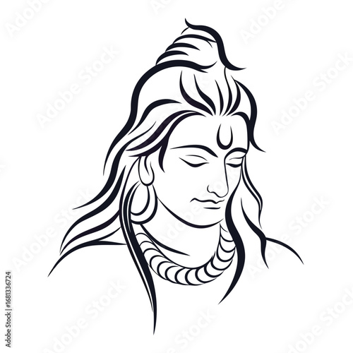 Elegant Line Art Depiction of Lord Shiva A Spiritual Illustration Featuring Intricate Details and a Serene Expression of Divinity