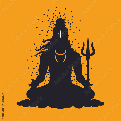 Lord Shiva Silhouette in Meditation Pose with Trident Symbol on an Orange Background Depicting Hindu Spirituality