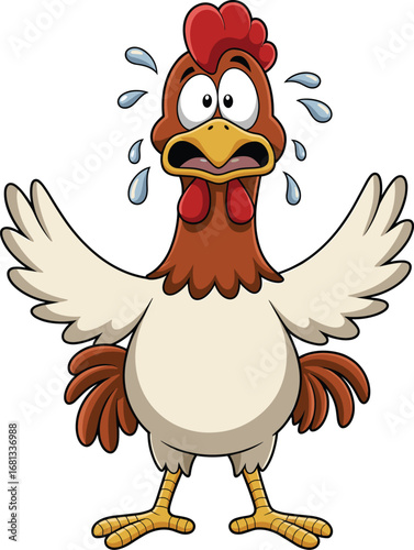 Cartoon chicken illustration, scared bird, funny animal, expressive character, vector art, wide eyes, open beak, stock image, panic, humor