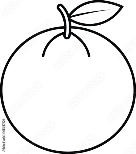 Vector art of simple line art illustration of a whole orange with a leaf and stem, isolated on a, representing healthy food and natural ingredients