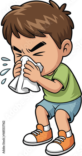 Cartoon child sneezing into handkerchief, hygiene illustration, sick kid, flu symptoms, health education, virus prevention, allergy awareness, vector art