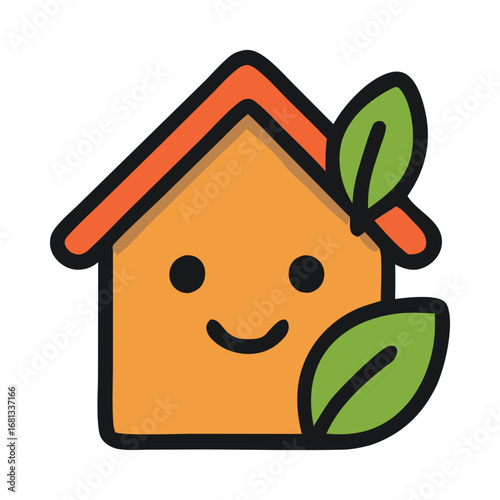 Cute ecofriendly cartoon house with leaves. Suitable for environmental concepts, real estate, ecofriendly businesses, and sustainability materials.