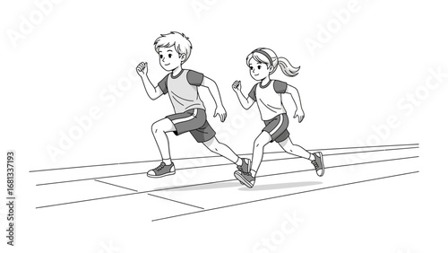 Athletes in Action: A dynamic black and white illustration captures the essence of motion as two youthful athletes sprint along the track, embodying determination and athleticism. 