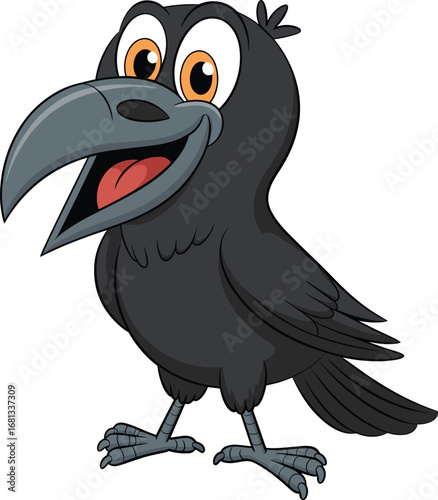 Cartoon crow, cheerful bird, expressive eyes, open beak, black feathers, vector illustration, character design, avian animal, children’s art, playful pose