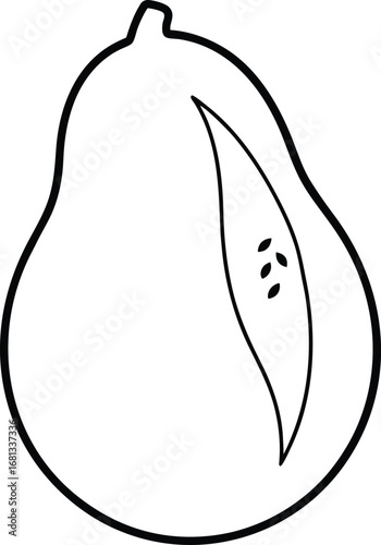 Vector art of a simple black and white outline drawing of a pear, isolated on a, showcasing its classic pear shape with a subtle cut revealing seeds