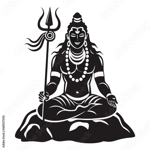 Lord Shiva Illustration in Meditative Pose with Trident Black and White Hindu Deity Silhouette Vector Depiction