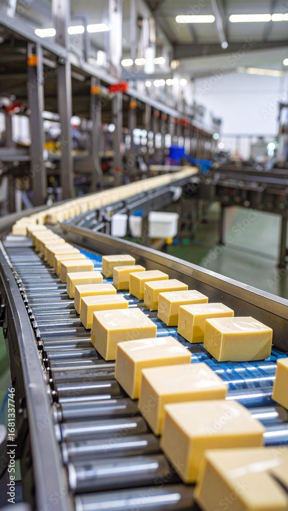 Obraz premium Factory Production Line with Blocks of Cheese on Conveyor Belt.