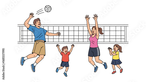 Volleyball Family: A family celebrates bonding time, engaging in a lively match of volleyball, highlighting teamwork and recreational sport on a sunny day.
