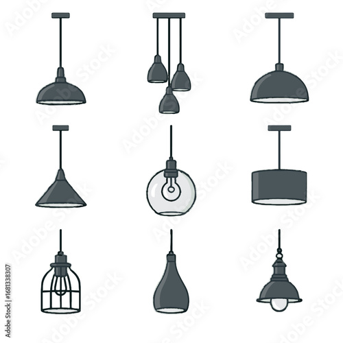 Ceiling drum light single glass globe collection vintage lights icon vector pendant